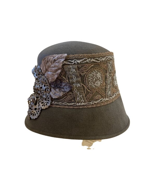 Louise Green Womens Wool Cloche Hat With Metallic Floral Lace Detail Deadstock